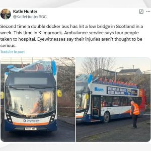 "Incroyable ! Un bus impérial percute un pont en Écosse : 4 blessés !"